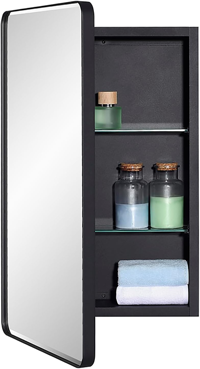 IDYLLOR Black Bathroom Mirror Medicine Cabinet with Round Corner Framed Door and Beveled Edge Mirror 15 x 25 inch, Recessed or Surface Mount, with Adjustable Glass Shelves