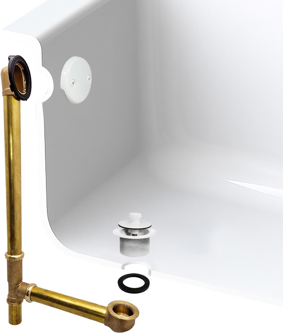 Westbrass A3264-50 22-1/2' Brass Bath Waste & Overflow Assembly with Pull Drain Plug and 2-Hole Faceplate, Powder Coat White