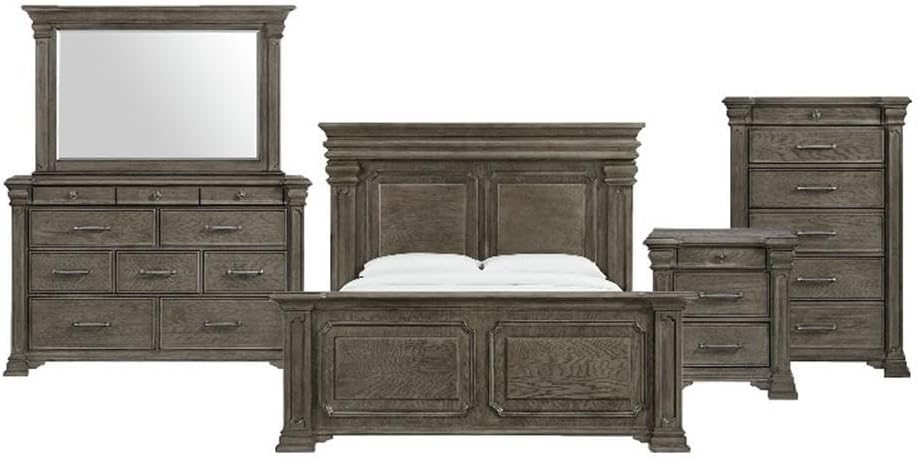 Pemberly Row Transitional Wood King Bedroom Set, Gray Finish, 5-Piece Collection with Mood Lighting Headboard, USB Ports, Hidden Nightstand Storage, Felt-Lined Top Drawers, Cedar Veneer Bottom Drawers