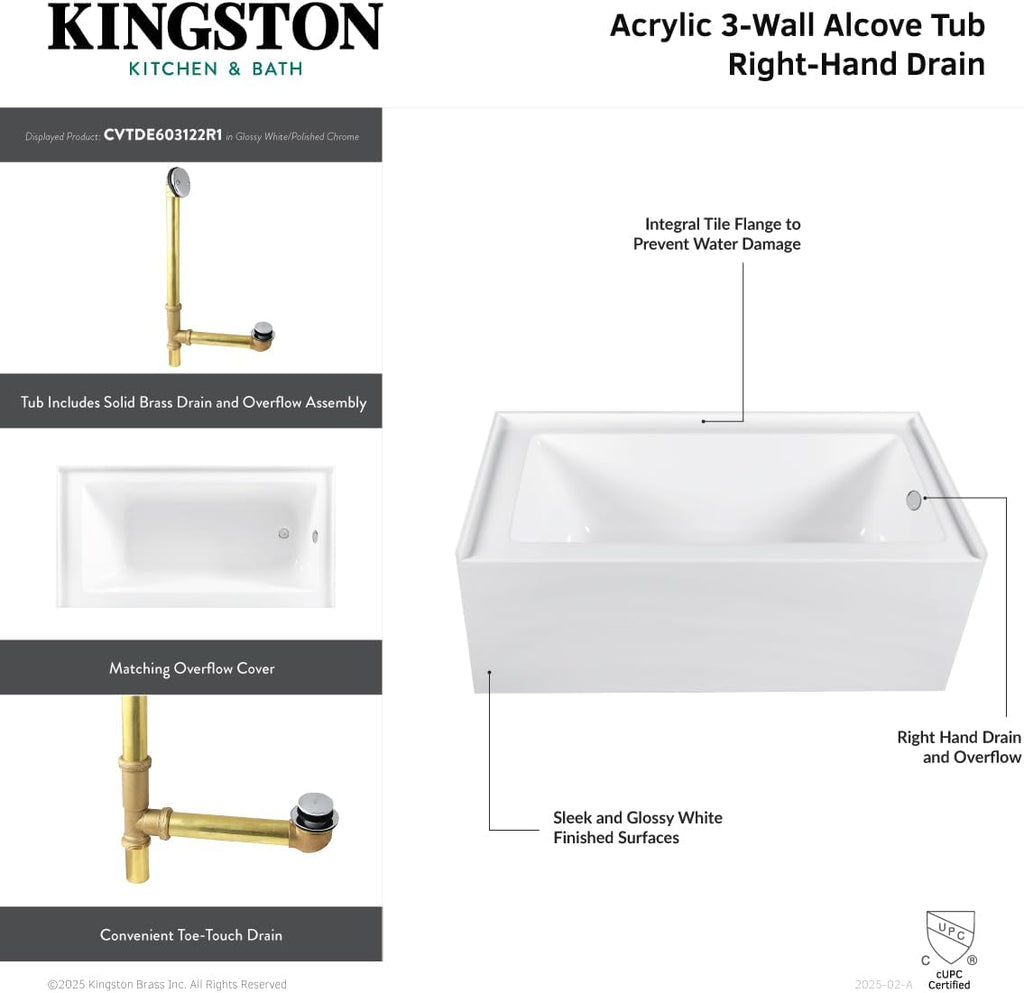 Aqua Eden CVTDE603122R8 60' Acrylic Rectangular 3-Wall Alcove Tub, Right Hand Drain, Glossy White/Brushed Nickel
