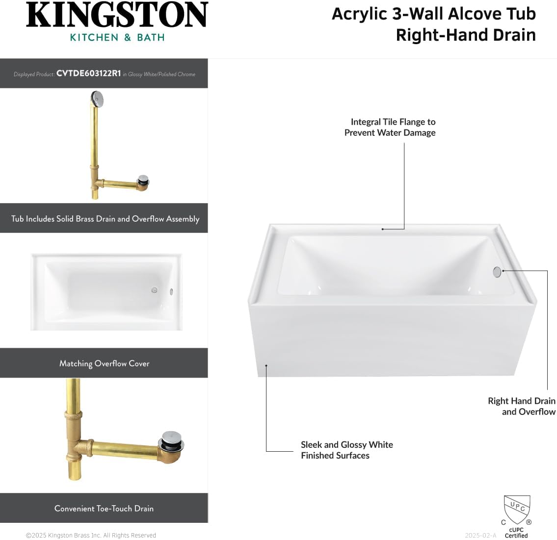 Aqua Eden CVTDE603122R0 60' Acrylic Rectangular 3-Wall Alcove Tub, Right Hand Drain, Glossy White/Matte Black