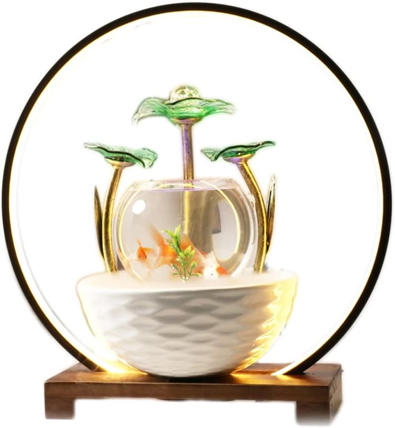 House Decorative Items Desktop Fountain Ceramic Water Fountain with Light Ring Living Room Desktop Water Ornaments Fish Tank Tabletop Waterfall Fountain,A