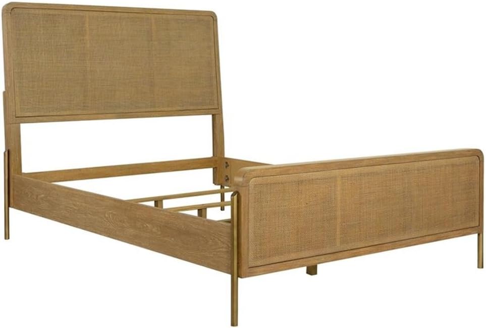 Pemberly Row 5-Piece Eastern King Bedroom Set, Sand Wash Finish, Wood and Natural Cane, Includes Bed, Nightstand, Dresser, Mirror, Chest, Mid-Century Modern Style, USB Ports, Jewelry Tray