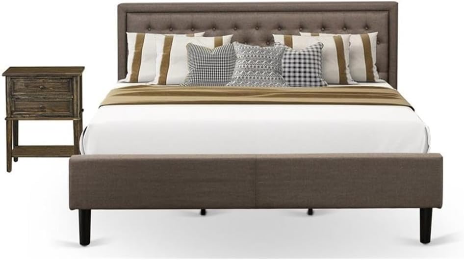 East West Furniture KD18K-1VL07 2 Piece Wood Bedroom Set - 1 Bed Frame Brown Linen Fabric Padded and Button Tufted Headboard with 1 Nightstand - Distressed Jacobean Finish Nightstand