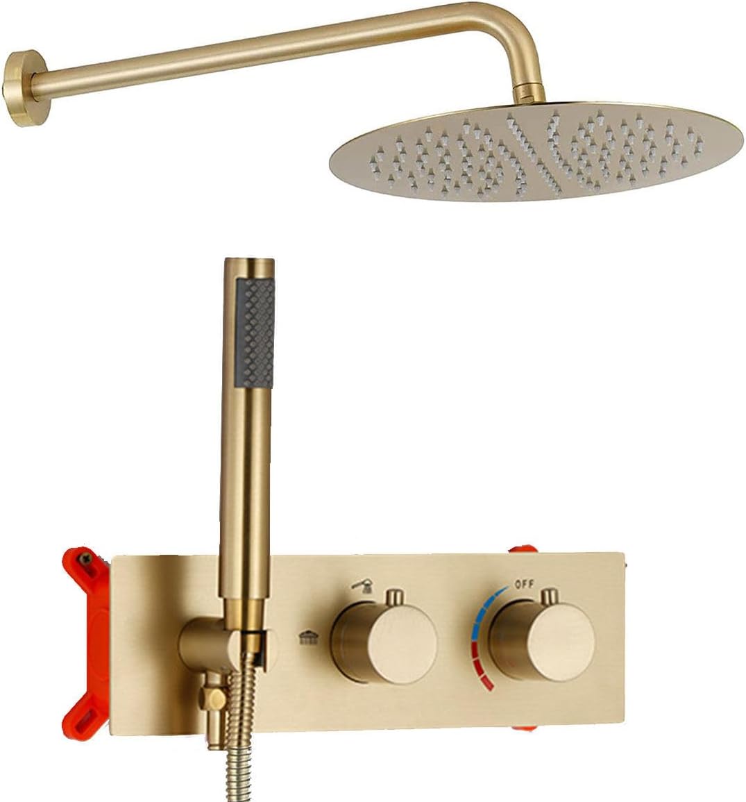 Shower System Concealed, 2 Functions Brushed Gold Shower Set, 8in/10in/12in Shower Faucet Set, 304 Stainless Steel Round Rotatable Shower Head, Brass Body, Self-Cleaning