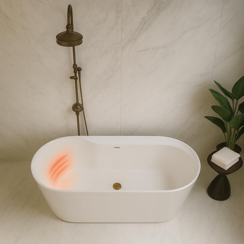 Carver Tubs - Amur 70' - Modern Freestanding Soaking Bathtub With Back Heater - Oval Acrylic Fiberglass Bath Tub With Chrome Drain - Comfort Warmth - Deep Relaxing Soak - 70.5'L x32.5'W x 23'H