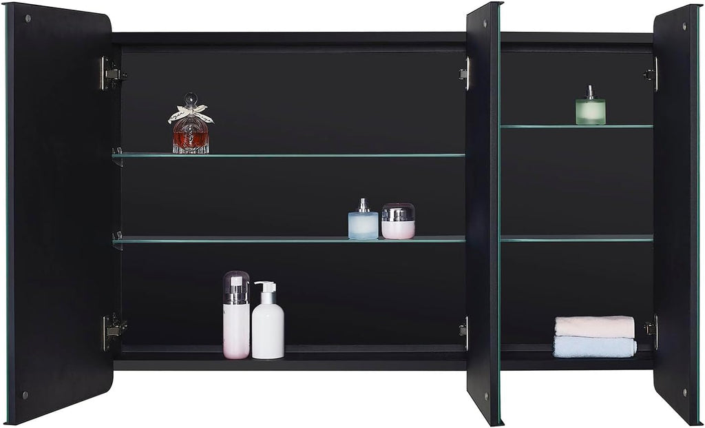 IDYLLOR Bathroom Mirror Medicine Cabinet with Round Corner Framed Door 36 x 26 inch, Black，Recessed or Surface Mount, with Adjustable Glass Shelves