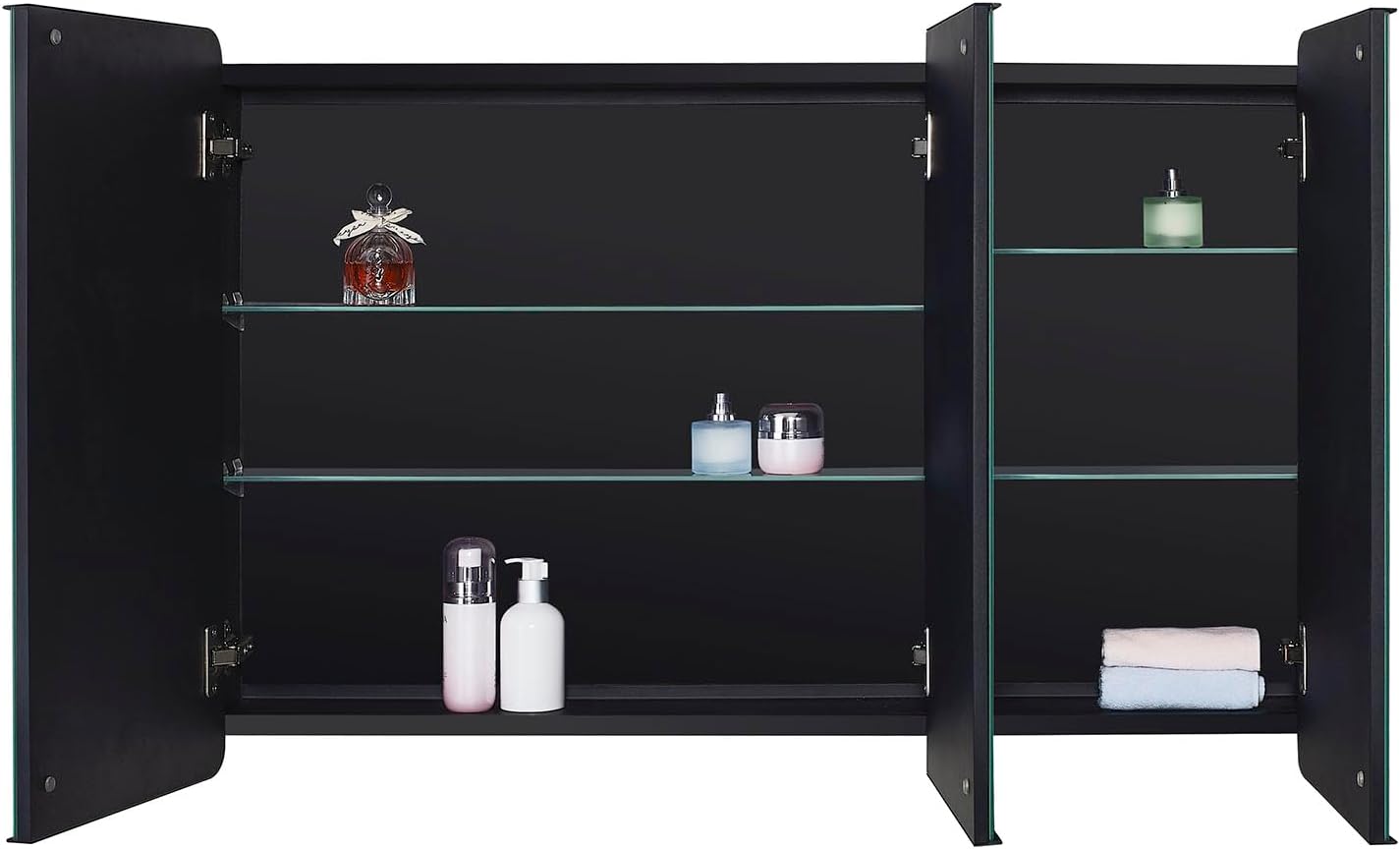 IDYLLOR Black Bathroom Medicine Cabinet with Round Corner Framed Door, 40 x 25.5 inch, Recessed or Surface Mount, with Adjustable Glass Shelves