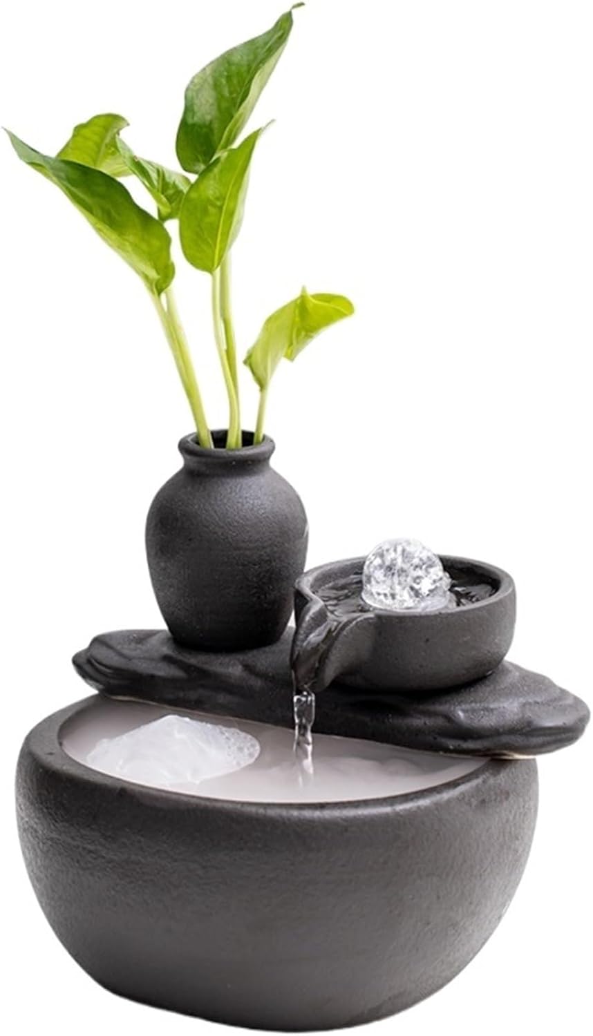 Ceramics Tabletop Water Fountain with Crystal Ball for Indoor Use, Tabletop Fountain Relaxing Ambient Sound Flowing Ornaments Fish Tank Fountain(White,with Atomizer-D)