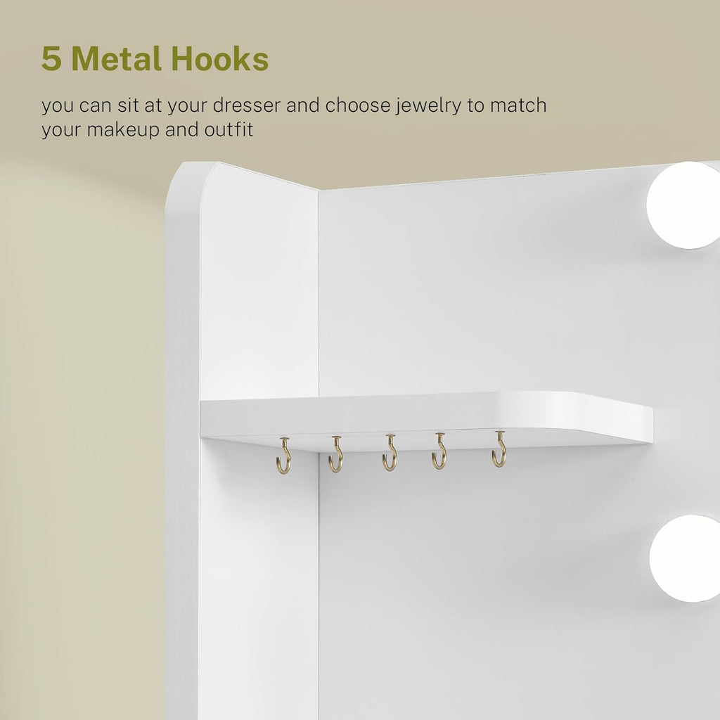 Quimoo Vanity Desk with Mirror and Lights, Makeup Vanity with Power Outlet and 4 Drawers & 6 Shelves & 5 Hooks, 3 Color Modes & Adjustable Brightness, White Vanity for Bedroom
