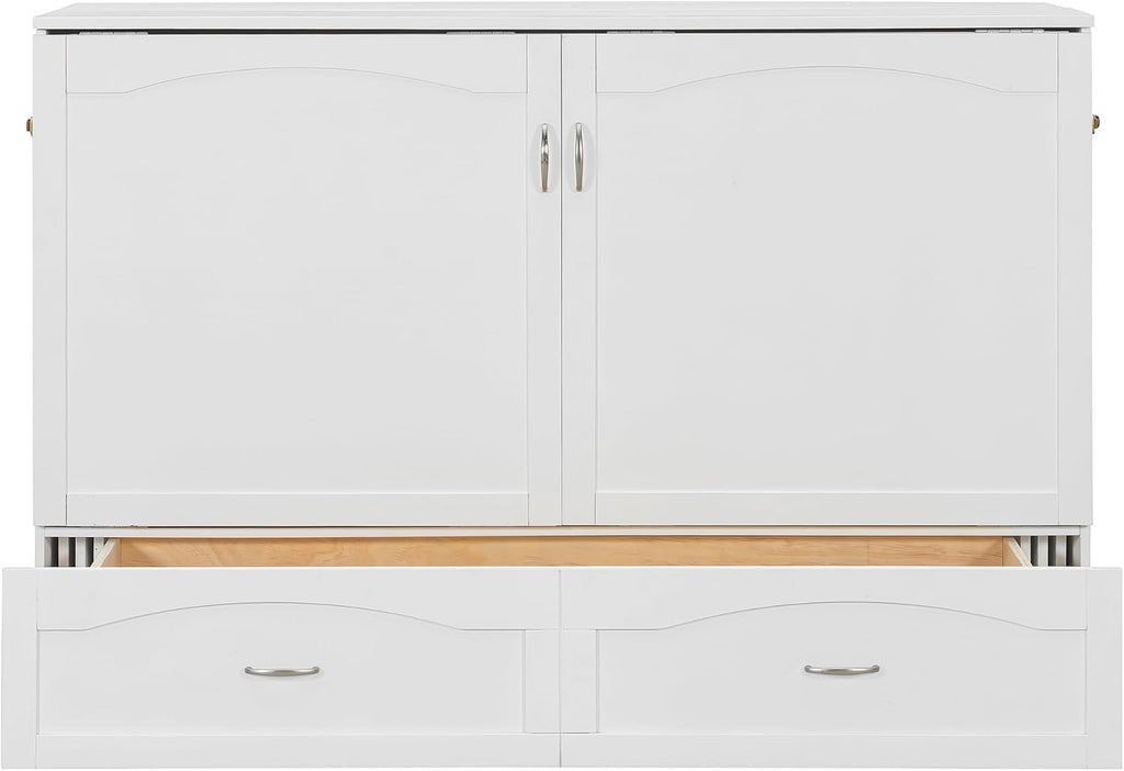 Merax Queen Size Murphy Bed Wall Bed with Drawer and a Set of Sockets & USB Ports, Pulley Structure Design, White