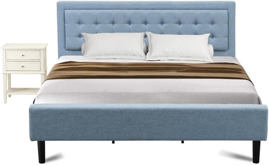 East West Furniture FN11K-1VL0C 2-Piece Platform Bed Set with 1 King Size Bed and a Small Nightstand - Reliable and Durable Construction - Denim Blue Linen Fabric
