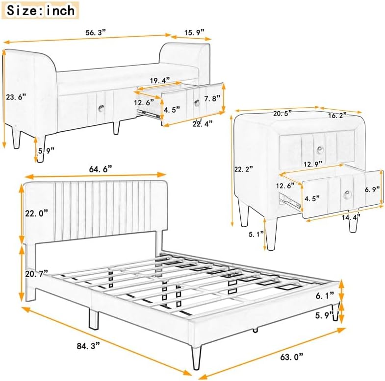4-Pieces Bedroom Sets Queen Size Upholstered Platform Bed w/Two Nightstands and Storage Bench,for Indoor Bedroom Furniture