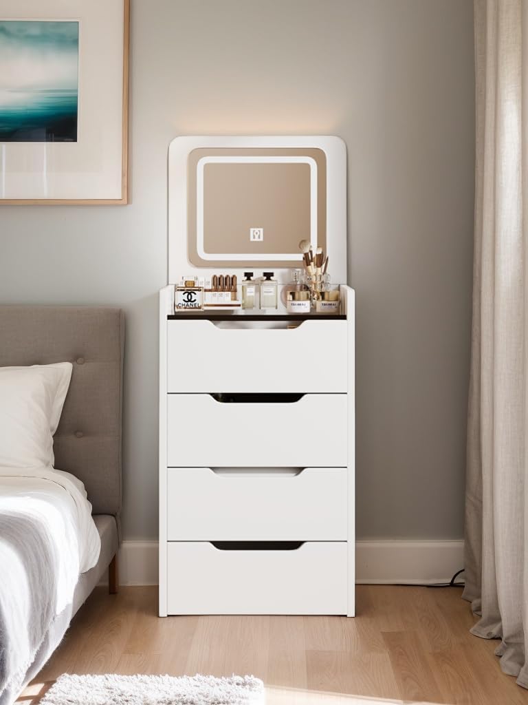 3 in 1 Vanity Desk with Plip Top Mirror and Lights, 18.9' Small Make Up Vanity Set with Visible Glass Desktop,Compact Makeup Vanity with 3 Drawers,Dressing Table for Bedroom,White
