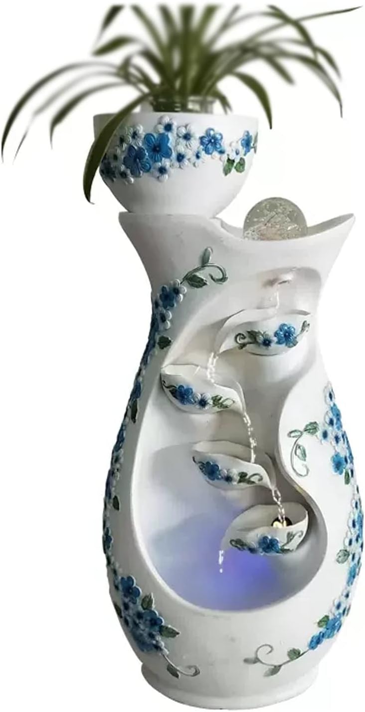Tabletop Fountain Indoor Desktop Tabletop Water Fountain White Background Blue Flower Tiered Resin Vase Pitchers Elegant Interior Feature Decorative for Home and Office(Small)