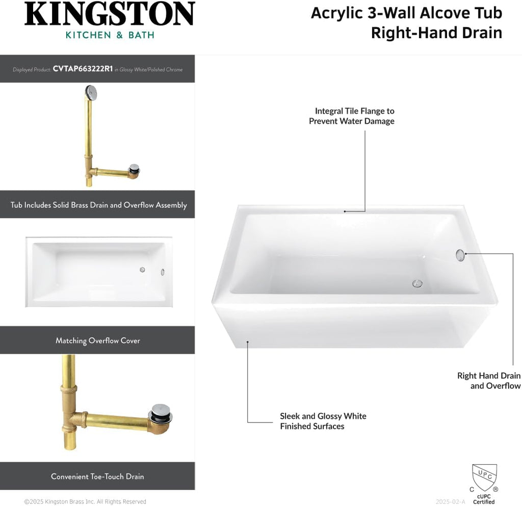 Aqua Eden CVTAP663222R3 66' Acrylic Rectangular 3-Wall Alcove Tub, Right Hand Drain, Glossy White/Antique Brass