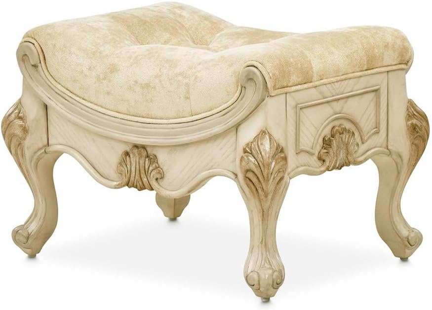 Michael Amini Platine de Royale Beige Champagne Vanity Bench Solid Rubberwood Frame Velvet Upholstery Comfortable Seating Elegant Design Durable Construction for Bedroom or Dressing Room