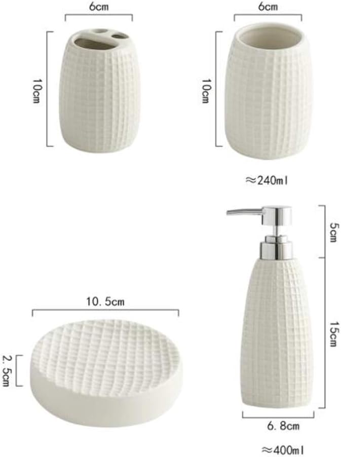 Lotion Dispenser 5 Piece Ceramics Bathroom Accessory Set, Toothbrush Holder, Liquid Soap Dispenser, Soap Dish, 2 Tumblers ，Bathroom Accessories Set Countertop Soap Dispensers (Color : White)