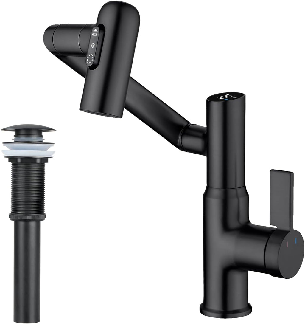 Lefton Rotatable Bathroom Faucet BF2204 with Pop-up Bathroom Sink Drain Stopper Without Overflow D01 (Contemporary, Matte Black)