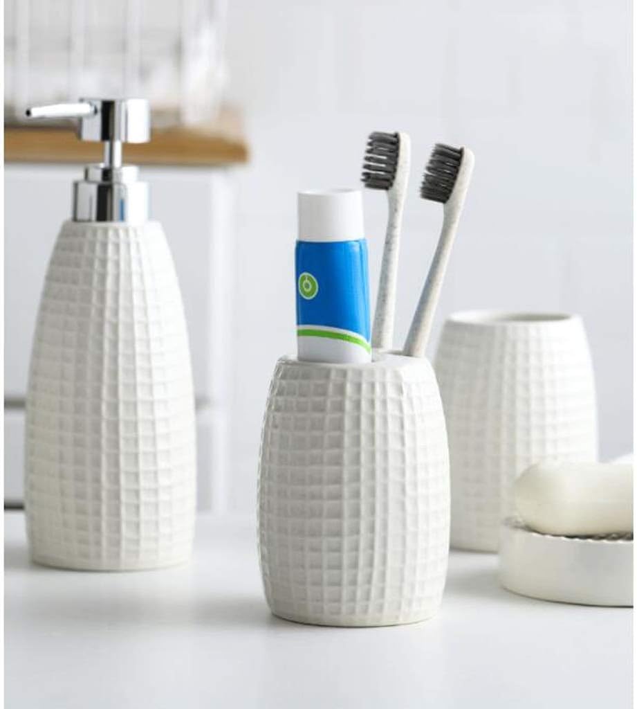 Lotion Dispenser 5 Piece Ceramics Bathroom Accessory Set, Toothbrush Holder, Liquid Soap Dispenser, Soap Dish, 2 Tumblers ，Bathroom Accessories Set Countertop Soap Dispensers (Color : White)
