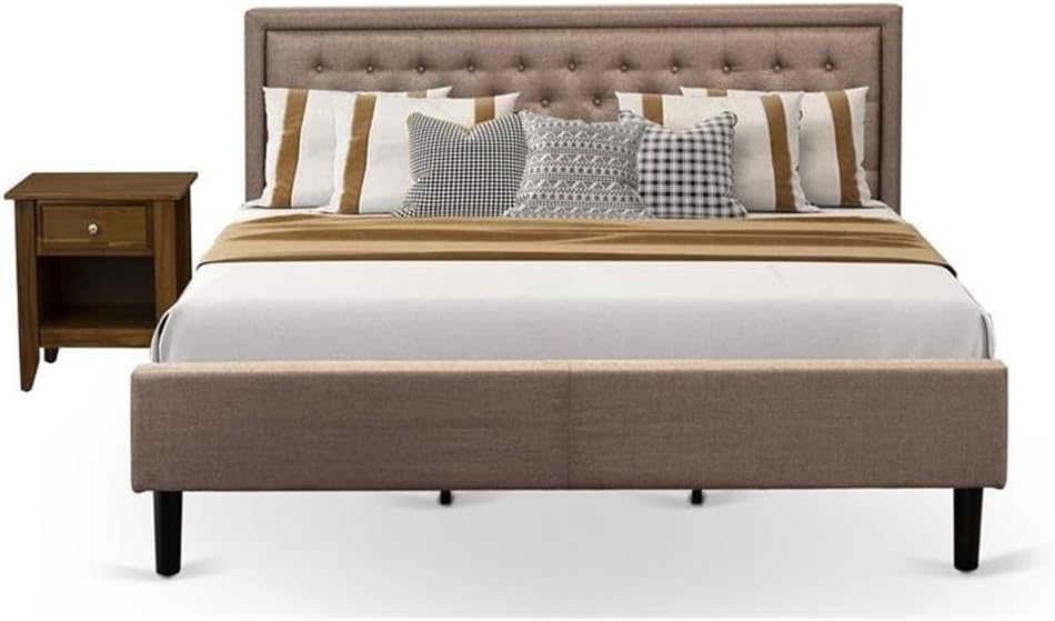 East West Furniture KD16K-1GA08 2 Piece King Bed Set - 1 Wooden Bed Frame Brown Linen Fabric Padded and Button Tufted Headboard with 1 Wood Nightstand - Antique Walnut Finish Nightstand