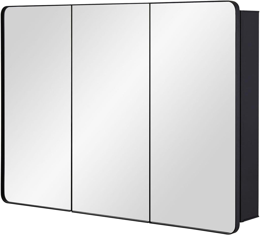 IDYLLOR Bathroom Mirror Medicine Cabinet with Round Corner Framed Door 36 x 26 inch, Black，Recessed or Surface Mount, with Adjustable Glass Shelves