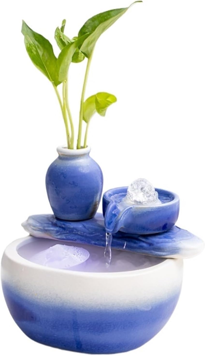 Ceramics Tabletop Water Fountain with Crystal Ball for Indoor Use, Tabletop Fountain Relaxing Ambient Sound Flowing Ornaments Fish Tank Fountain(White,with Atomizer-D)