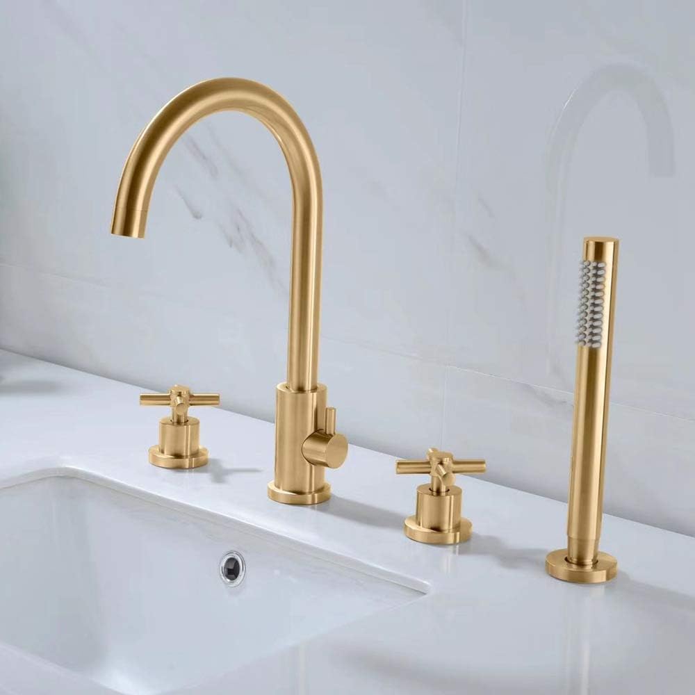 Bathtub Faucet with Shower, Black/Gold/Chrome Bath Mixer Bathroom Shower Faucet Waterfall Brass Valve Bath Shower Mixer Taps Two Handles Four Holes Bathtub Taps Set,Gold