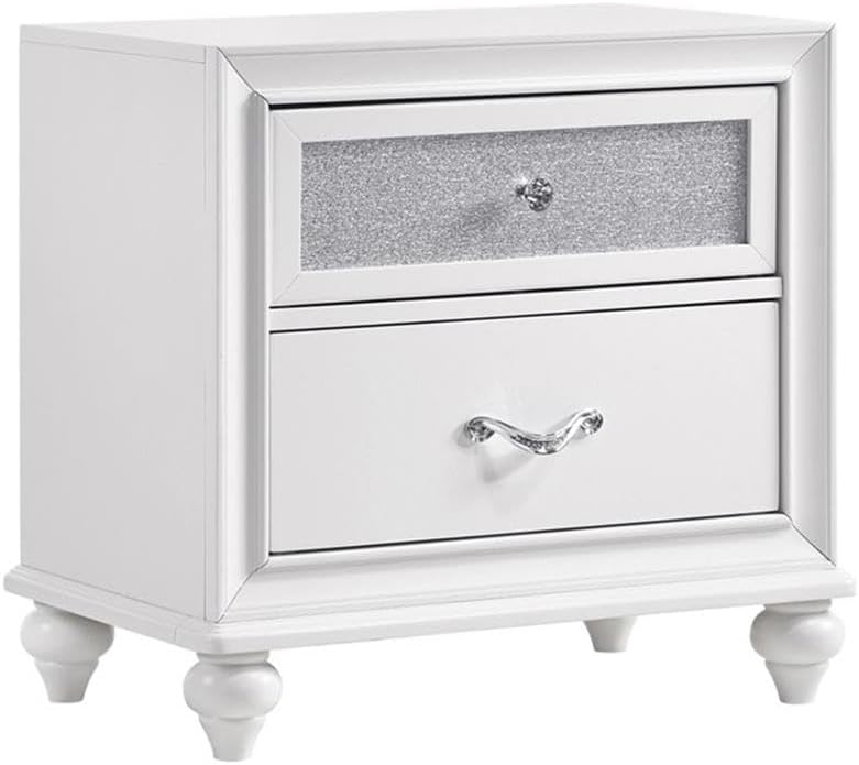 Pemberly Row 5-Piece Eastern King Wood Bedroom Set, White Finish with Gray Faux Leather Upholstery, Panel Bed, Nightstand, Dresser, Mirror, Chest, Glam Style for Transitional Bedroom Decor