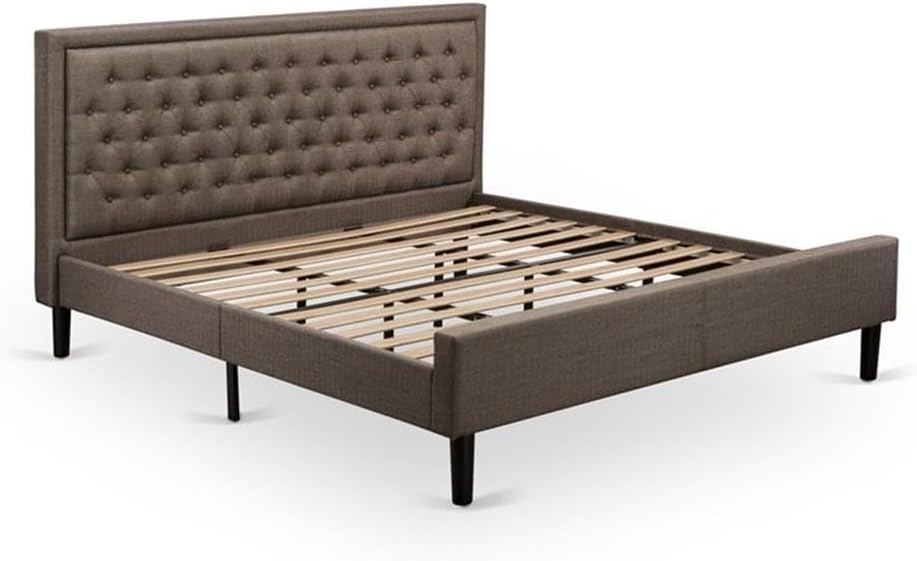 East West Furniture KDF-18-K Platform King Bed Frame Wood - Brown Linen Fabric Upholstered Bed Headboard with Button Tufted Trim Design - Black Legs