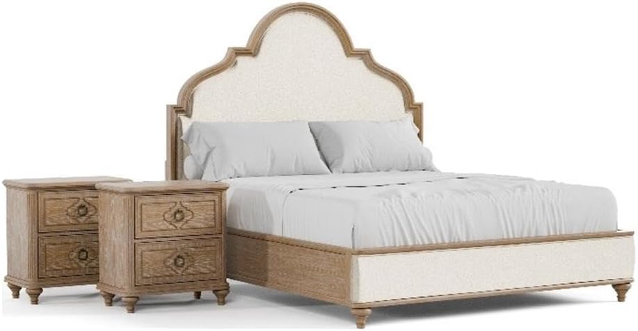 Pemberly Row Transitional Wood King Bedroom Set, Rustic Oak Finish, 3-Piece with Upholstered Beige Headboard, 2 Nightstands with USB Ports, Felt-Lined Drawers, Farmhouse Style for Master Bedroom Decor