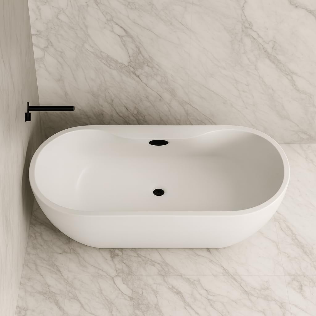 Carver Tubs - Reflection II 67' - Modern White Freestanding Soaking Bathtub With Oil Rubbed Bronze Drain - White Oval Spacious Acrylic Fiberglass Tub - Deep Relaxing Soak - 67'L x 31.5'W x 23.5'H