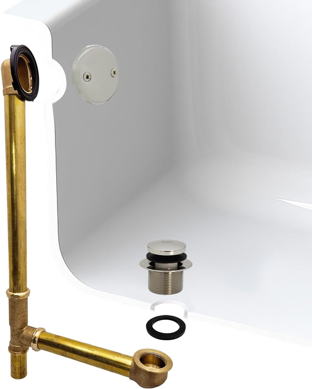 Westbrass A326-05 22-1/2' Brass Bath Waste & Overflow Assembly with Tip-Toe Drain Plug and 2-Hole Faceplate, Polished Nickel
