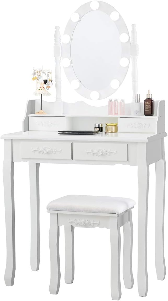 Giantex Makeup Vanity Table with 10 LED Lights, Adjustable Brightness, 3 Color Light Modes, 4 Drawers, Rotatable Mirror, Cushioned Stool, Vanity Desk Dressing Table Bedroom Furniture (White)