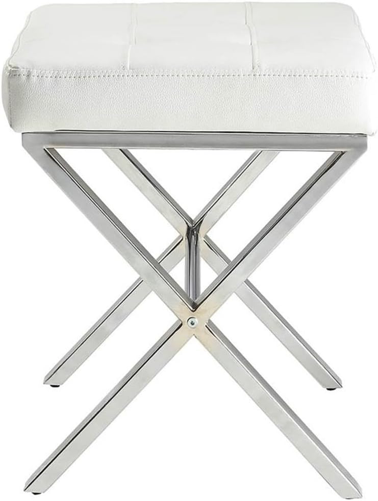Pemberly Row Modern Vanity Bench, Chrome X-Base, White Faux Leather Upholstery, Tufted Cushion, 20' L x 16' D x 19' H, Sleek Contemporary Design for Bedroom or Indoor Use