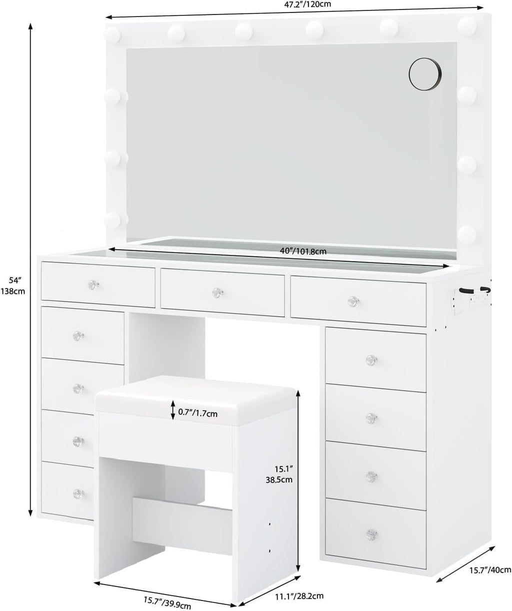 FUSOU Vanity Desk with Power Outlet, Makeup Vanity with Mirror and 12 LED Lights, 3 Lighting Modes,11 Drawers Vanity Table with Chair, Glass Top, Dressing Table for Bedroom,Dressing Room, White