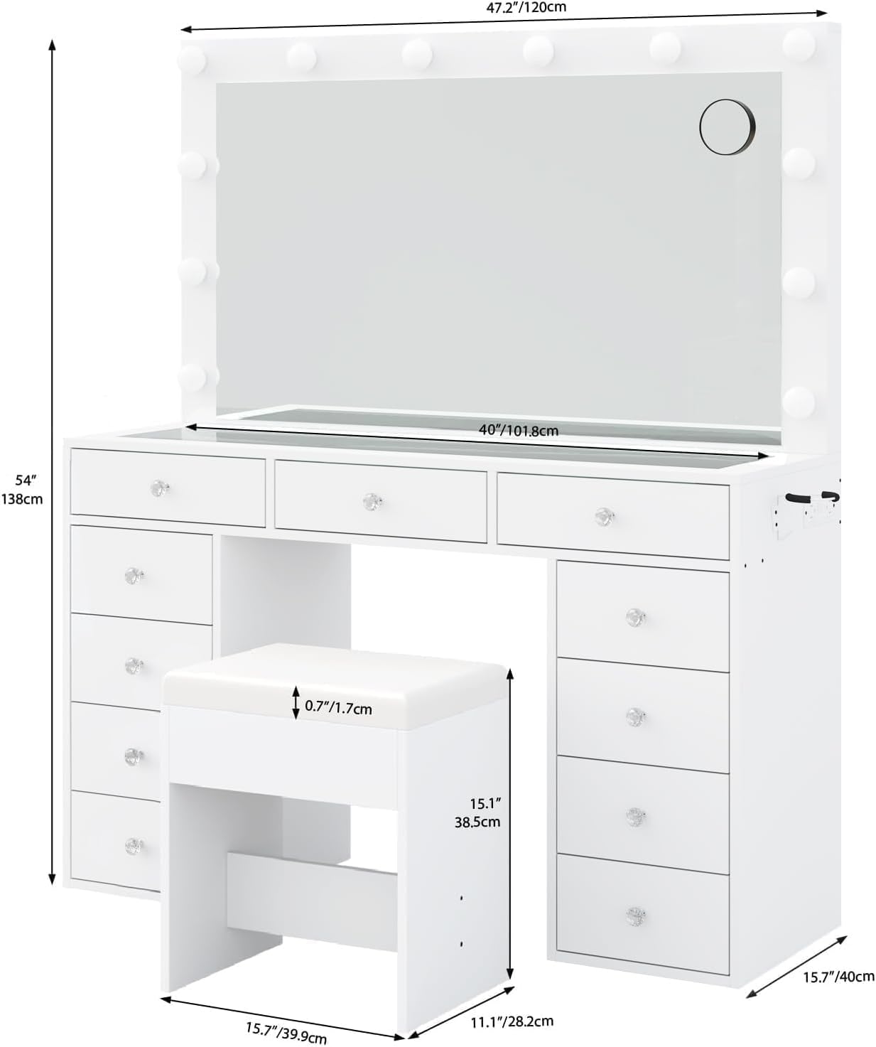 FUSOU Vanity Desk with Power Outlet, Makeup Vanity with Mirror and 12 LED Lights, 3 Lighting Modes,11 Drawers Vanity Table with Chair, Glass Top, Dressing Table for Bedroom,Dressing Room, White