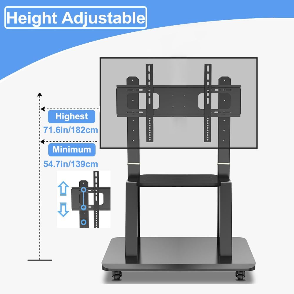 Hellsehen Mobile TV Cart,Rolling TVs Cart on Wheels Height Adjustable Heavy-Duty Floor Stand Base for 42-86 Inch LCD LED OLED Flat Panel Screens Smartboard Movable Holds up to 176lbs with Shelf