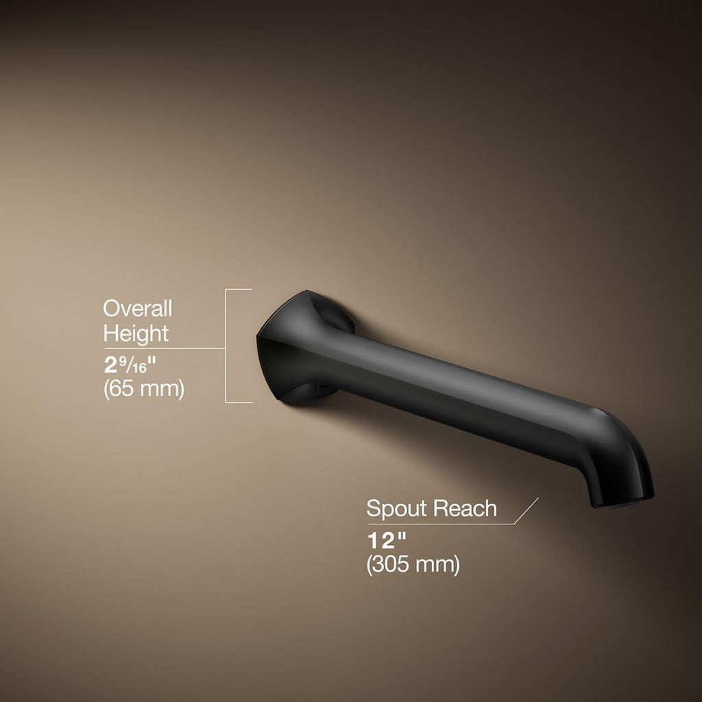 KOHLER 27115-BL Occasion Wall-Mount 12' Bath Spout, Nondiverter Bathtub Spout with Slip-Fit Connection, Matte Black