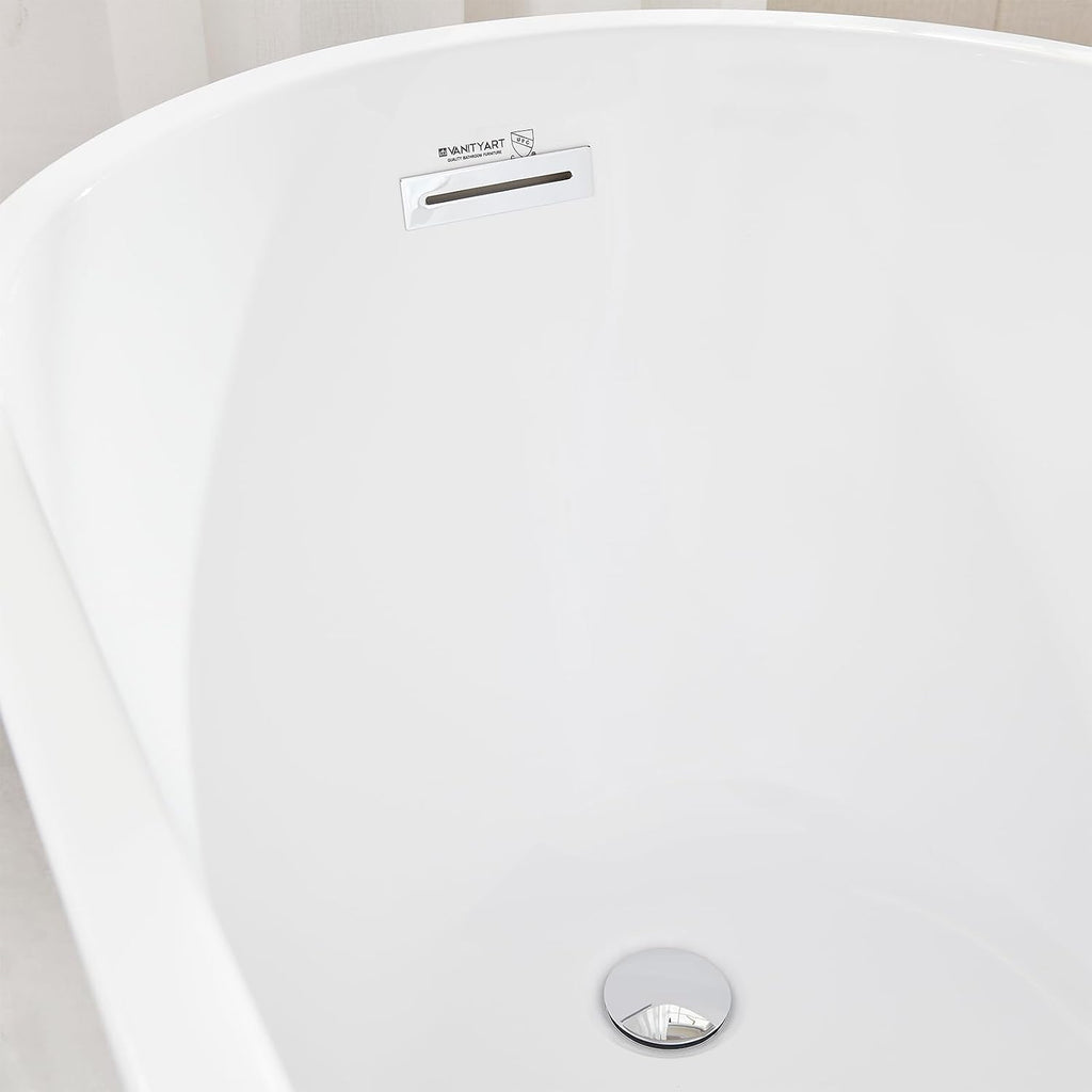 Vanity Art 55 x 28 Inches Freestanding Bathtub White Acrylic Bathtub Modern Stand Alone Soaker Tub with UPC Certified Slotted Overflow and Pop-up Drain for Single Person Bathing
