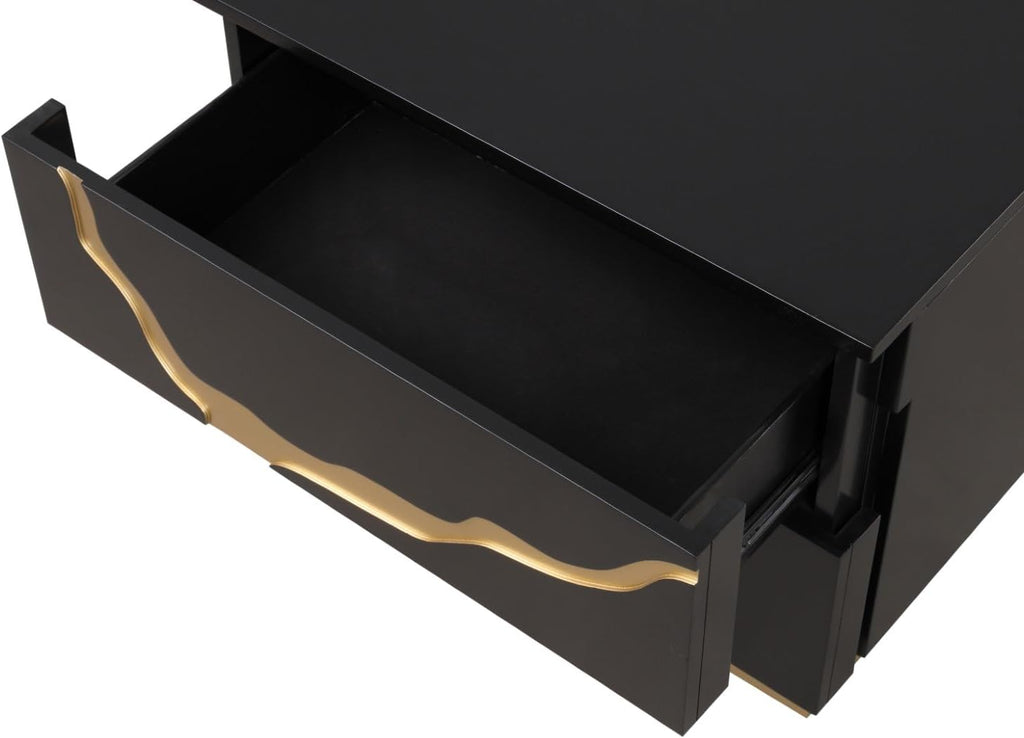 MASARA Contemporary 4-Piece Queen Bedroom Set, Black with Gold Pattern, Felt-Lined Drawers