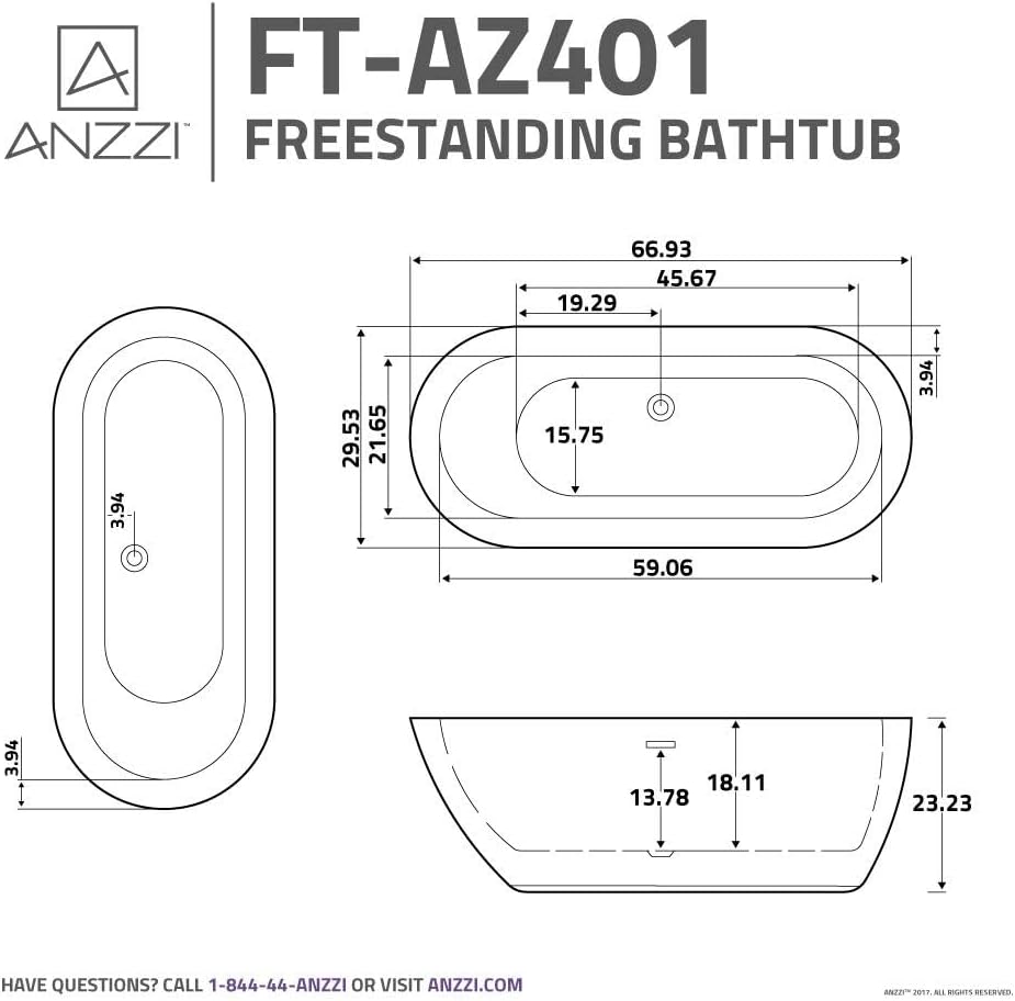 ANZZI Freestanding Bathtub 67 in Acrylic Glossy White Flat Bottom Soaking Tub, Ami Series One-Piece, Center Drain, Polished Chrome Overflow, Slip-Resistant Floor, Leveling Adjustable Feet | FT-AZ401