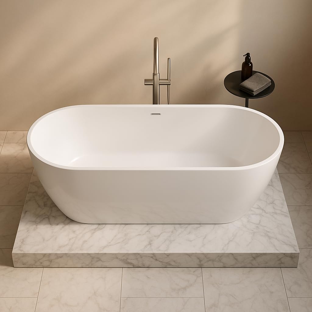 Carver Tubs - Seraphina 59' - Modern White Freestanding Soaking Bathtub With Oil Rubbed Bronze Drain - Contemporary Rounded Oval Acrylic Fiberglass Tub - Deep Relaxing Soak - 59'L x 29'W x 23.5'H