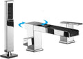 Waterfall Bathtub Faucet with Sprayer, 3-Hole Roman Tub Filler with Hand Shower Deck Mount Waterfall Tub Spout Set Chrome