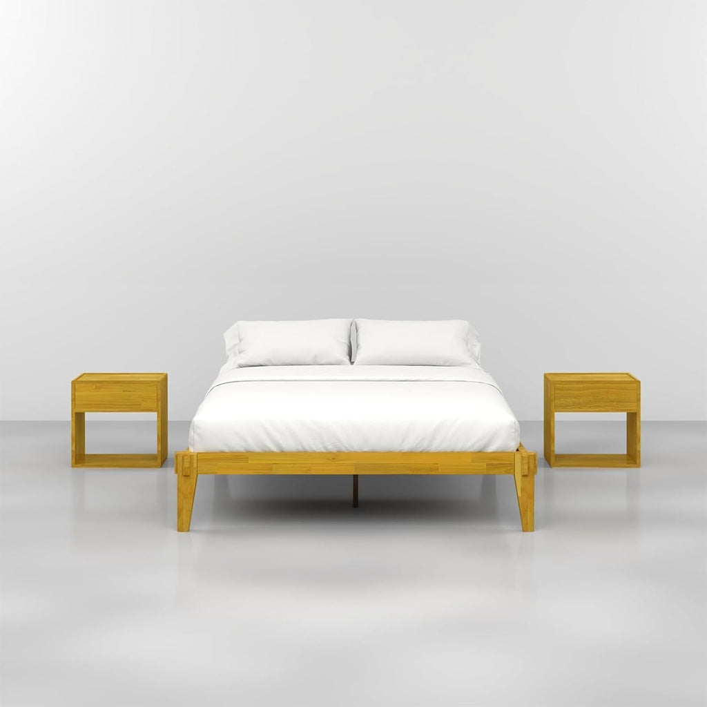 Bme Chalipa 14' Queen Bed Frame - Solid Wood Platform Bed - Japanese Joinery Bed Frame - Wood Slat Support - No Box Spring Needed - Easy Assembly - Minimalist & Modern Style, Golden Natural