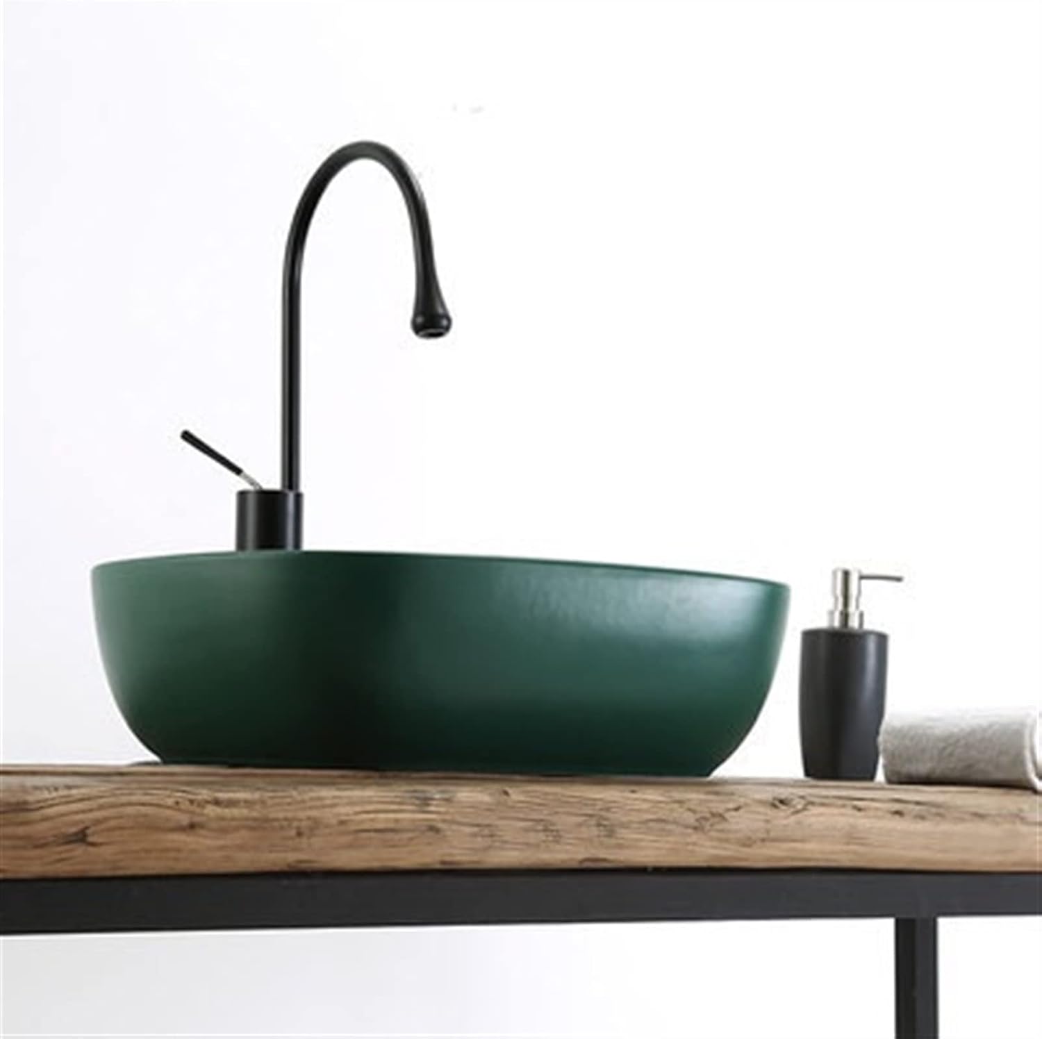 Bathroom Sink Vessel Ceramic Art Basin Rectangle Bathroom Sink Matte Green Countertop Sink with Drainer Bathroom Accessories Vessel Sink