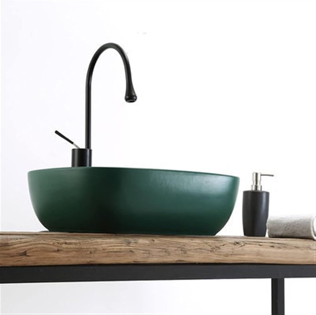 ULTRAWAVE Bathroom Sink Ceramic Art Basin Rectangle Bathroom Sink Matte Green Countertop Sink with Drainer Bathroom Accessories Counter Basin