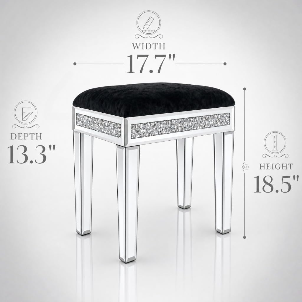 Vanity Stool with Storage, Velvet Upholstered Ottoman with Mirrored Legs, Hidden Storage Compartment, Diamond Trim Glam Makeup Chair & Piano Bench