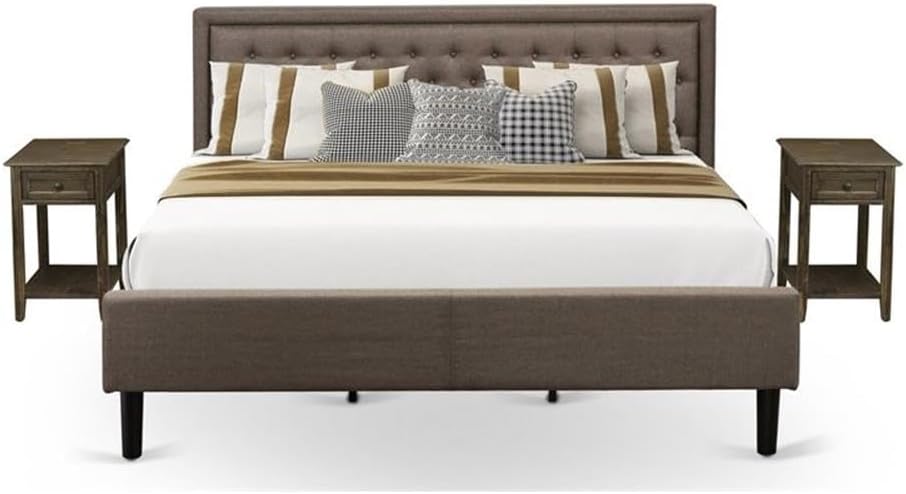 East West Furniture KD18K-2DE07 3 Piece Bed Set - 1 King Bed Frame Brown Linen Fabric Padded and Button Tufted Headboard with 2 Wooden Night Stand - Distressed Jacobean Finish Nightstand