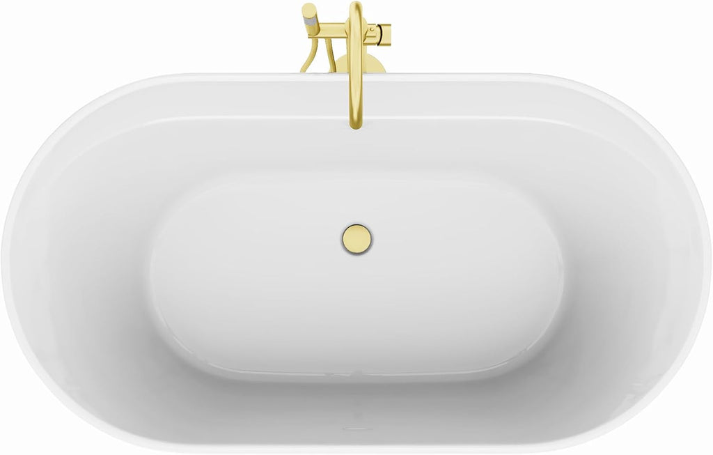 DreamLine Encore 65 3/4 inch L x 34 1/4 inch W x 23 1/8 inch H Freestanding Acrylic Bathtub with Brushed Brass Drain